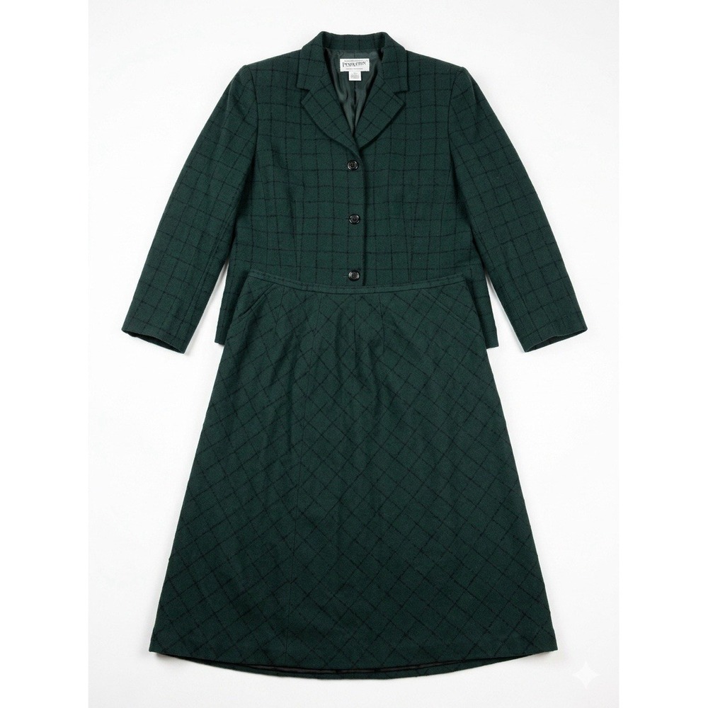 VTG Pendleton Wool Skirt Suit Set 16 Green Plaid Windowpane Blazer Midi USA